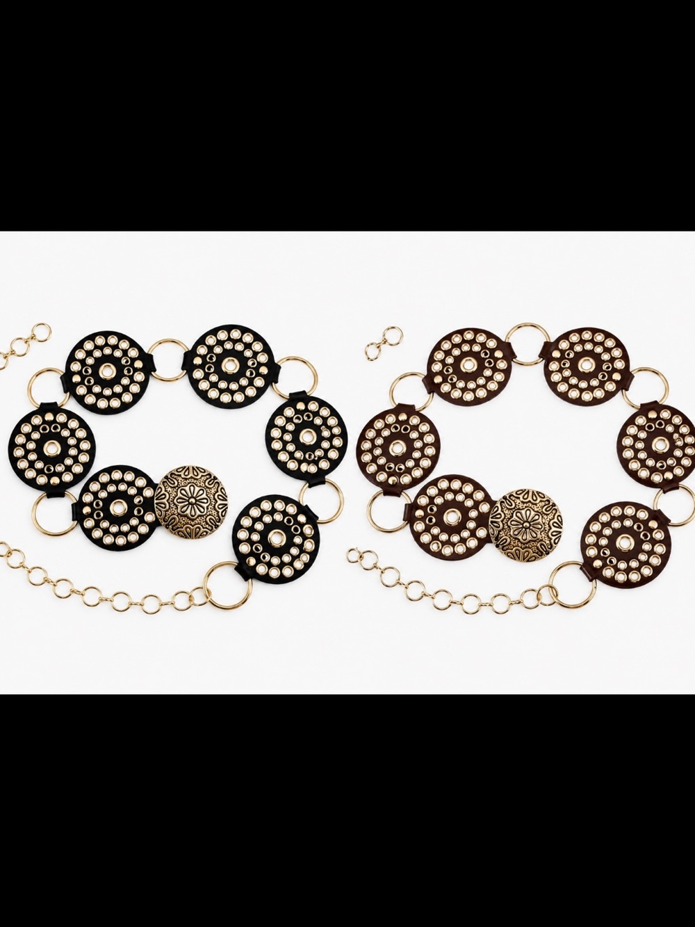 Boho Black & Brown Embellished Medallion Disc Chain Belt – Gold-Tone